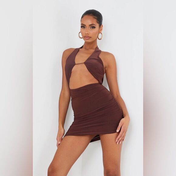PrettyLittleThing Chocolate Halterneck Bust Slinky Detail Mini Dress Size 4 - Picture 1 of 9